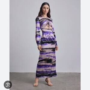 Silk Maison Maxi Dress Medium Purple Black Abstract Print Long Sleeve Cutout